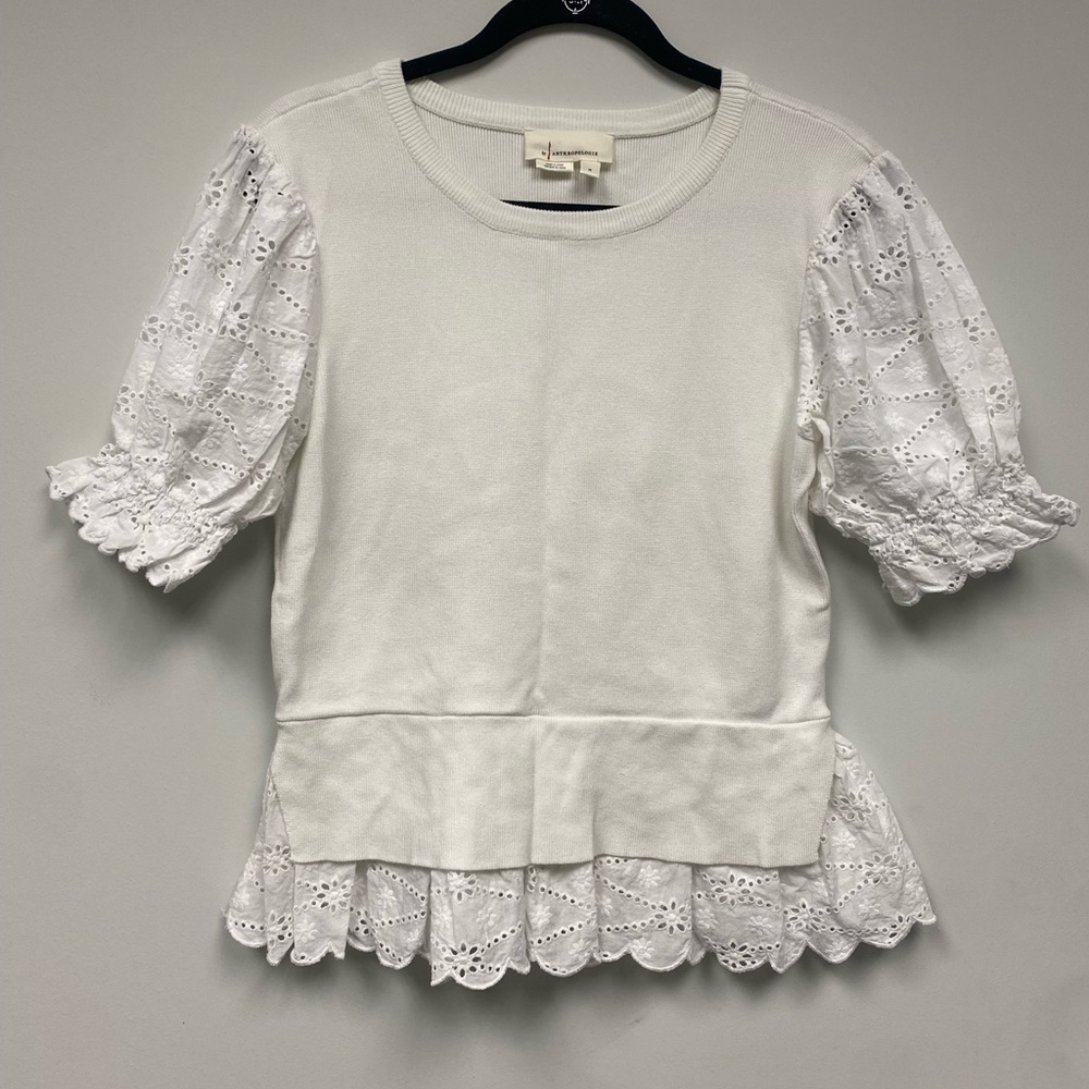 Anthropologie English Factory Eyelet Puff-Sleeve Sweater Tee Size M - Picture 6 of 13